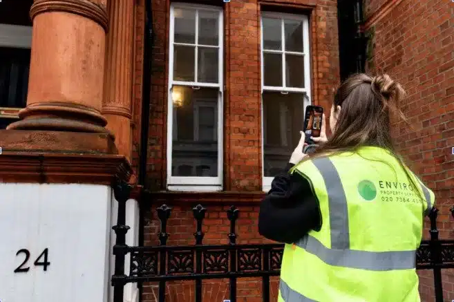 Woman in a high-visibility jacket taking a photo of brickwork on a building in London, emphasizing restoration and maintenance services by Environ Restoration Services.