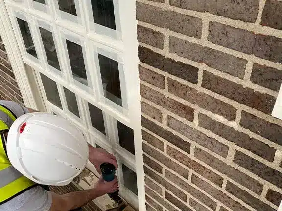 Professional in hard hat and safety vest conducting sash window restoration, focusing on wooden window details against brick wall backdrop.