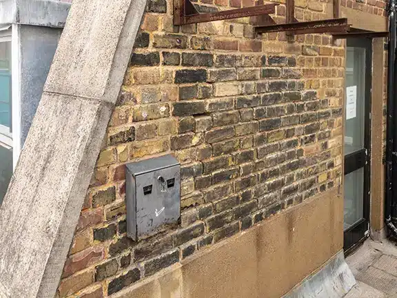 Brick wall showing eroded mortar joints, electrical box, and adjacent door, relevant to Environ Restoration Services' masonry repair and repointing expertise.