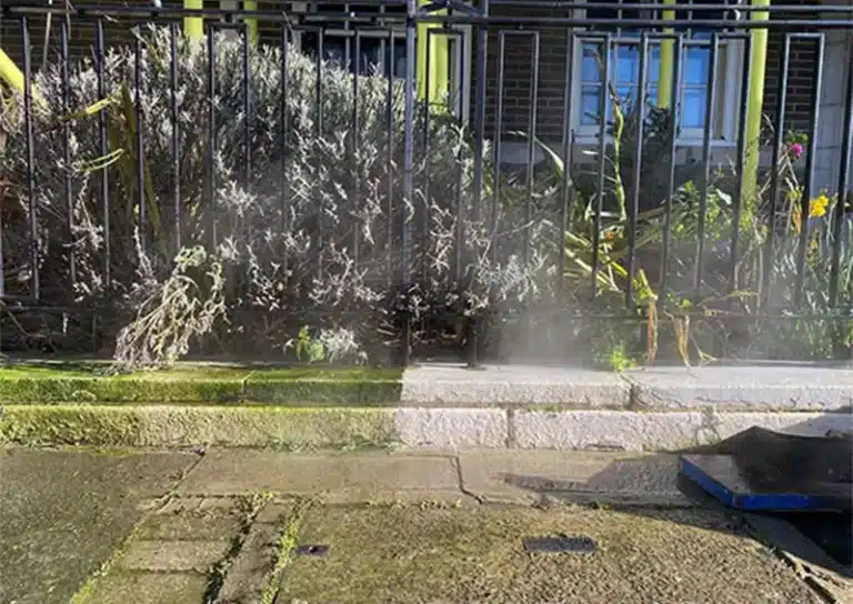 Brick surface undergoing paint removal, with surrounding greenery and a fence, illustrating restoration techniques for listed buildings in London.