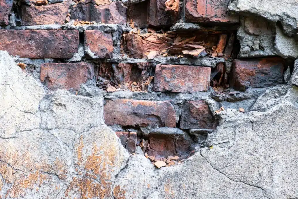 Deteriorating brick and stonework showing crumbling mortar and exposed bricks, highlighting the need for restoration and maintenance in historic buildings.