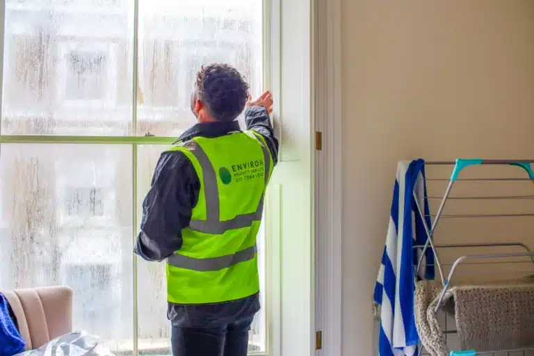 Damp proofing specialist from Environ Restoration Services inspecting condensation on window, highlighting damp issues in London homes.