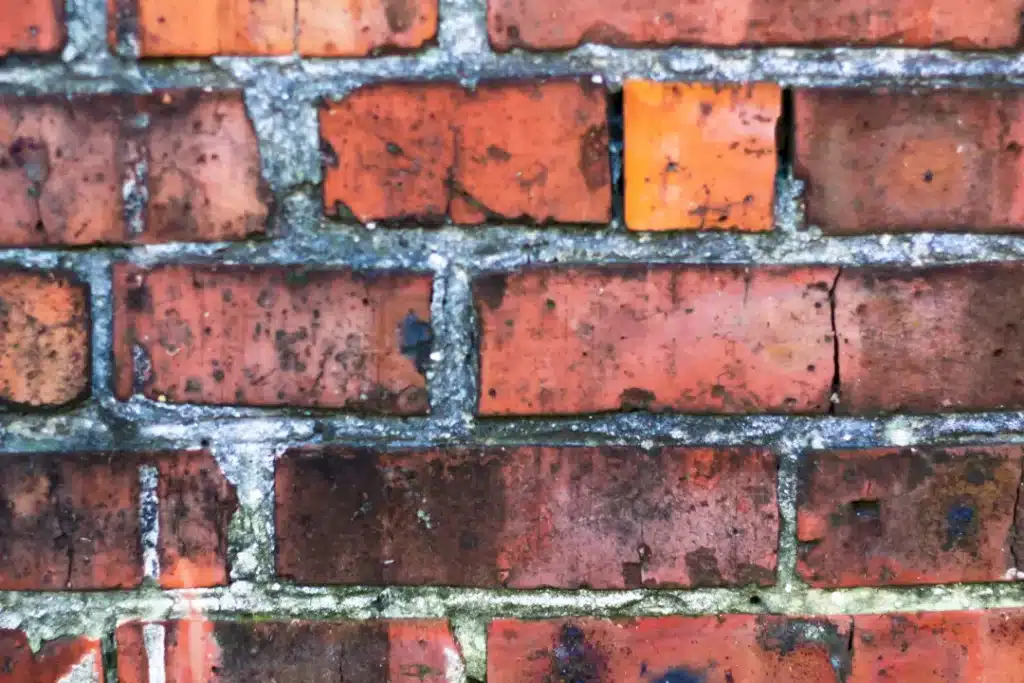 Close-up of a weathered brick wall showing various shades of red and orange bricks with visible dirt and grime, illustrating the need for effective DIY brick cleaning techniques.