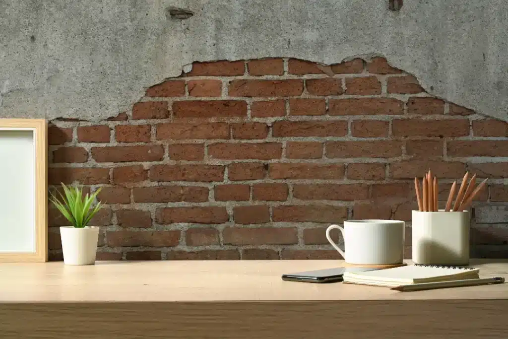 Interior brick wall with exposed red bricks and grey mortar, featuring a wooden desk with a framed picture, a small potted plant, a coffee cup, a container with pencils, and a notebook, illustrating common interior brick challenges and maintenance.