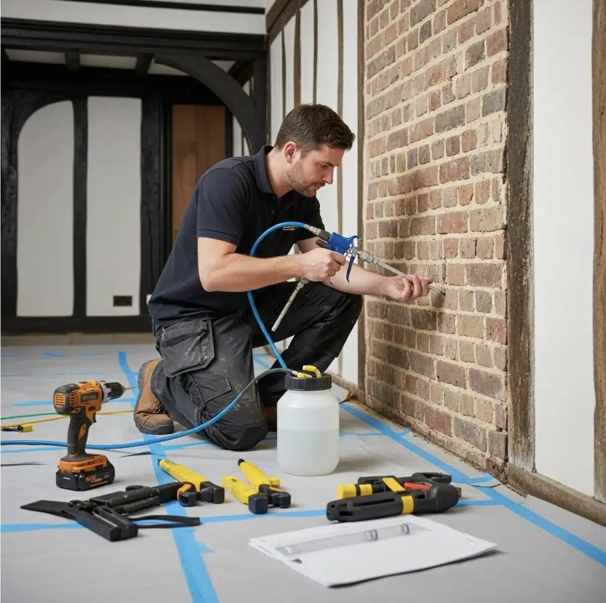Professional applying damp-proof injection into a brick wall, with tools and equipment visible, in a period property setting.