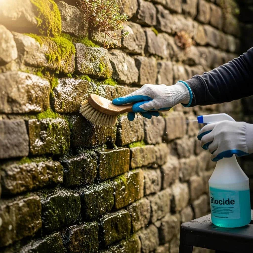 Person using a brush to clean a moss-covered stone wall with a biocide spray, illustrating conservation-led cleaning methods for heritage stone restoration.