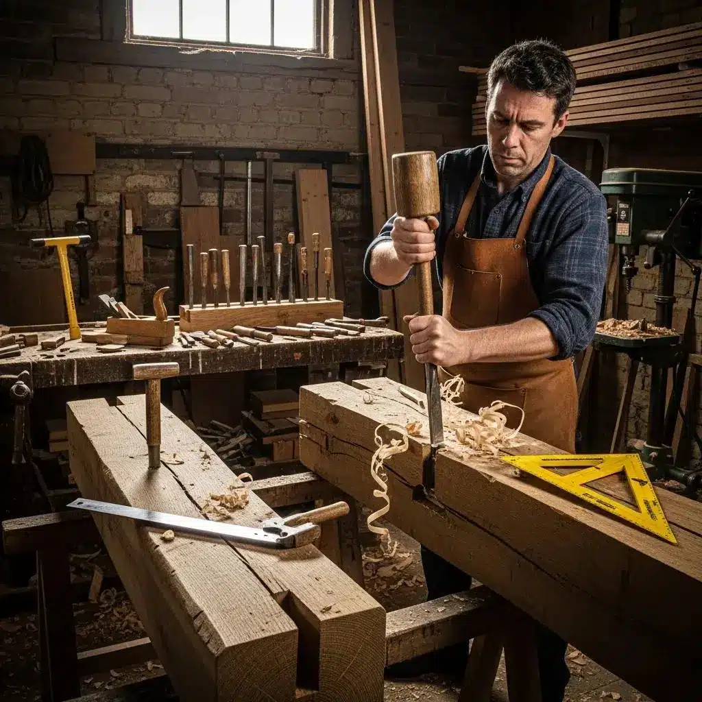 Carpenter using traditional joinery methods to repair historic timber frame in a workshop, surrounded by tools and wood shavings, emphasizing heritage restoration techniques in period properties.