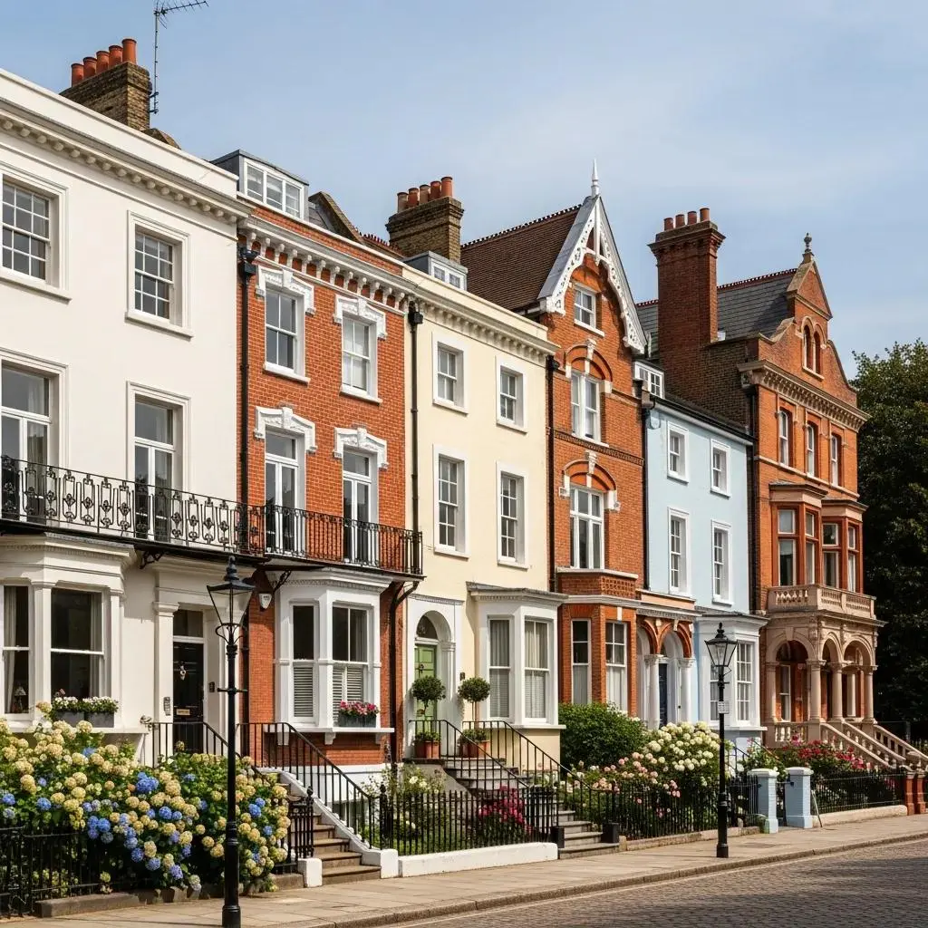 Conservation area in London featuring period properties with diverse architectural styles and historical features, showcasing the importance of heritage planning and property regulations.