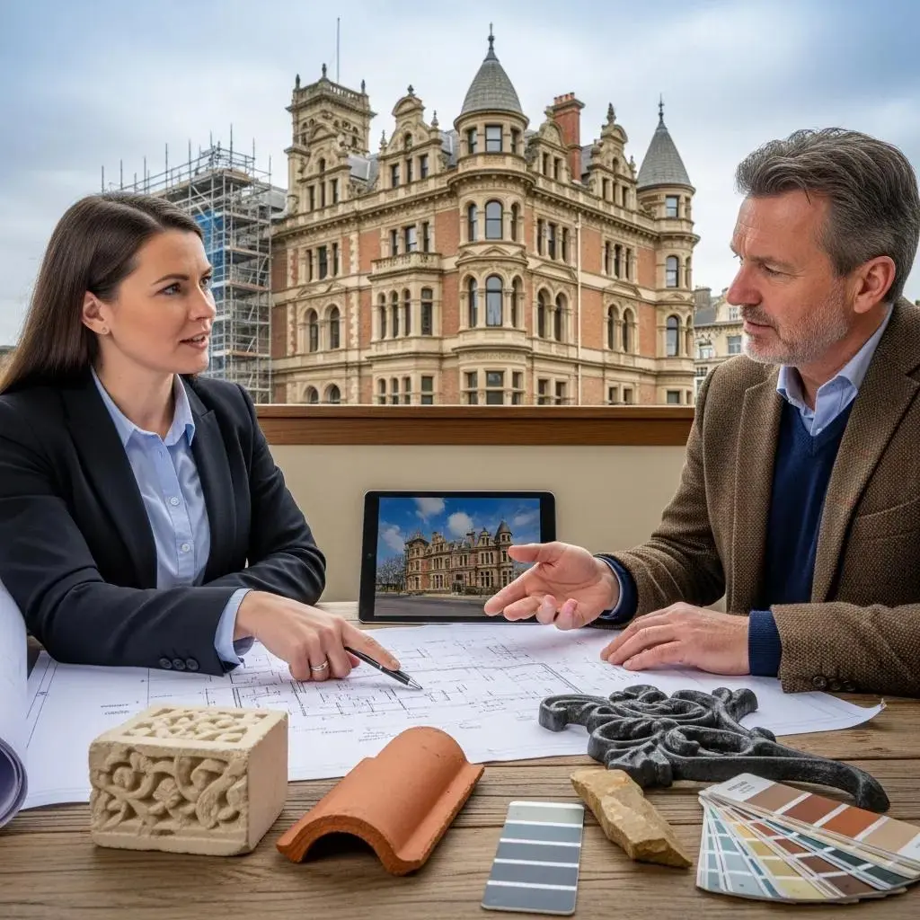 Consultant advising on heritage property restoration with blueprints, materials, and historic building in background, discussing building insurance for restoration projects.