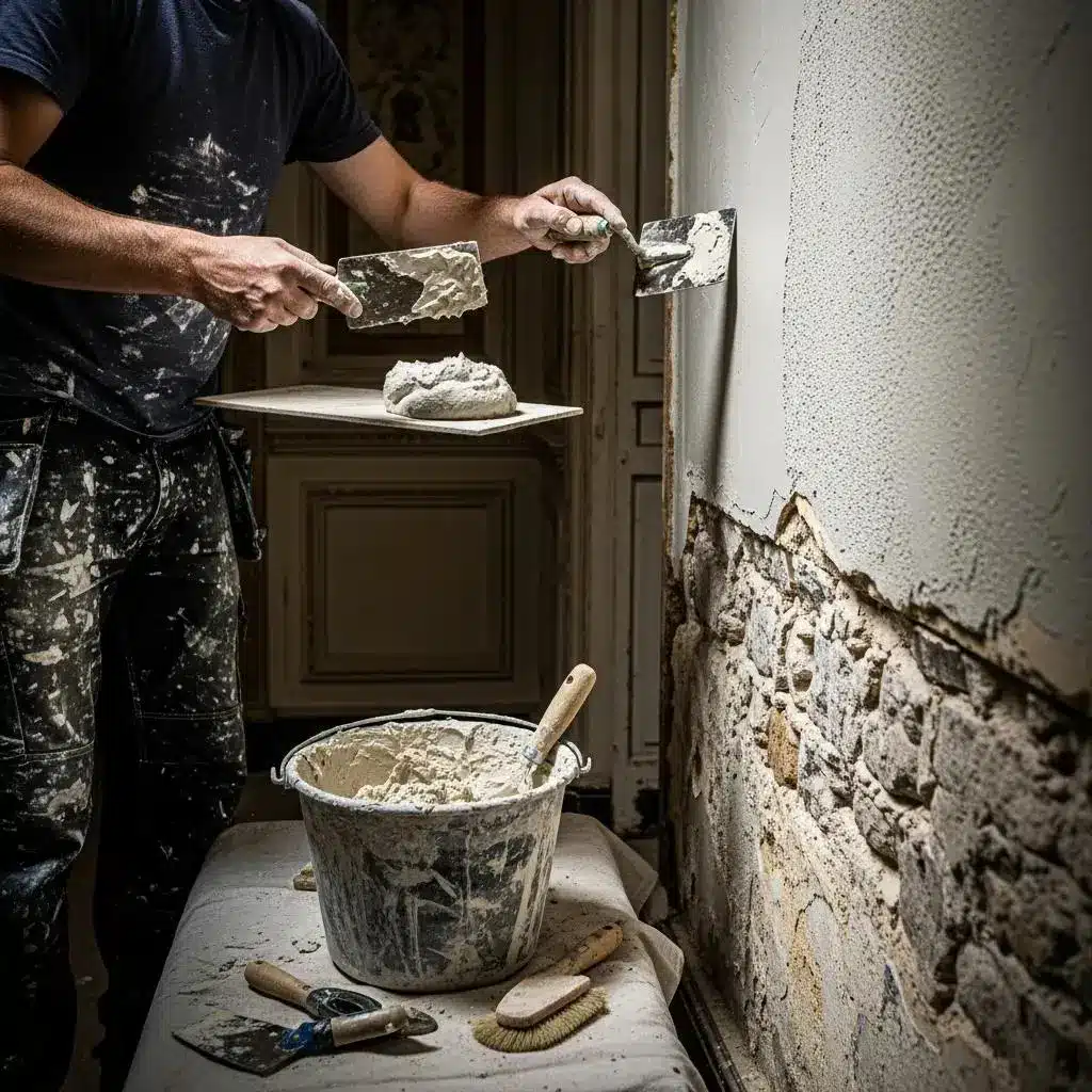 Craftsman applying lime plaster to a wall in a heritage property, showcasing traditional plastering techniques and restoration practices.
