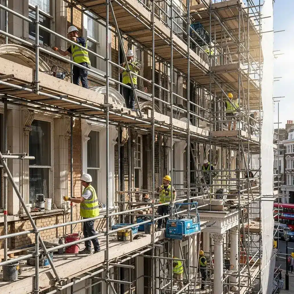 Historic London building restoration with scaffolding and workers in safety gear applying finishing touches, illustrating the importance of building insurance for restoration projects.