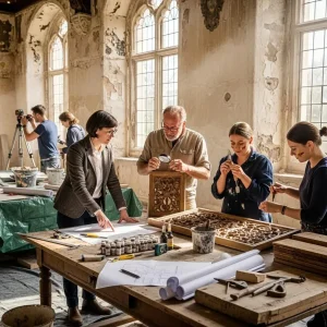 Professionals collaborating on the restoration of a historic building, examining materials and discussing techniques in a heritage conservation setting.