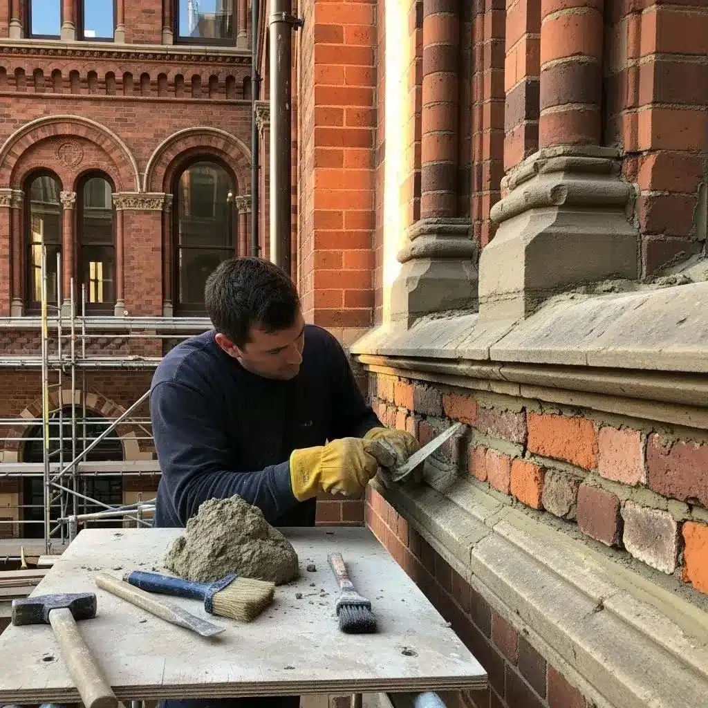 Mason repairing brickwork on a historical building, showcasing craftsmanship and traditional tools