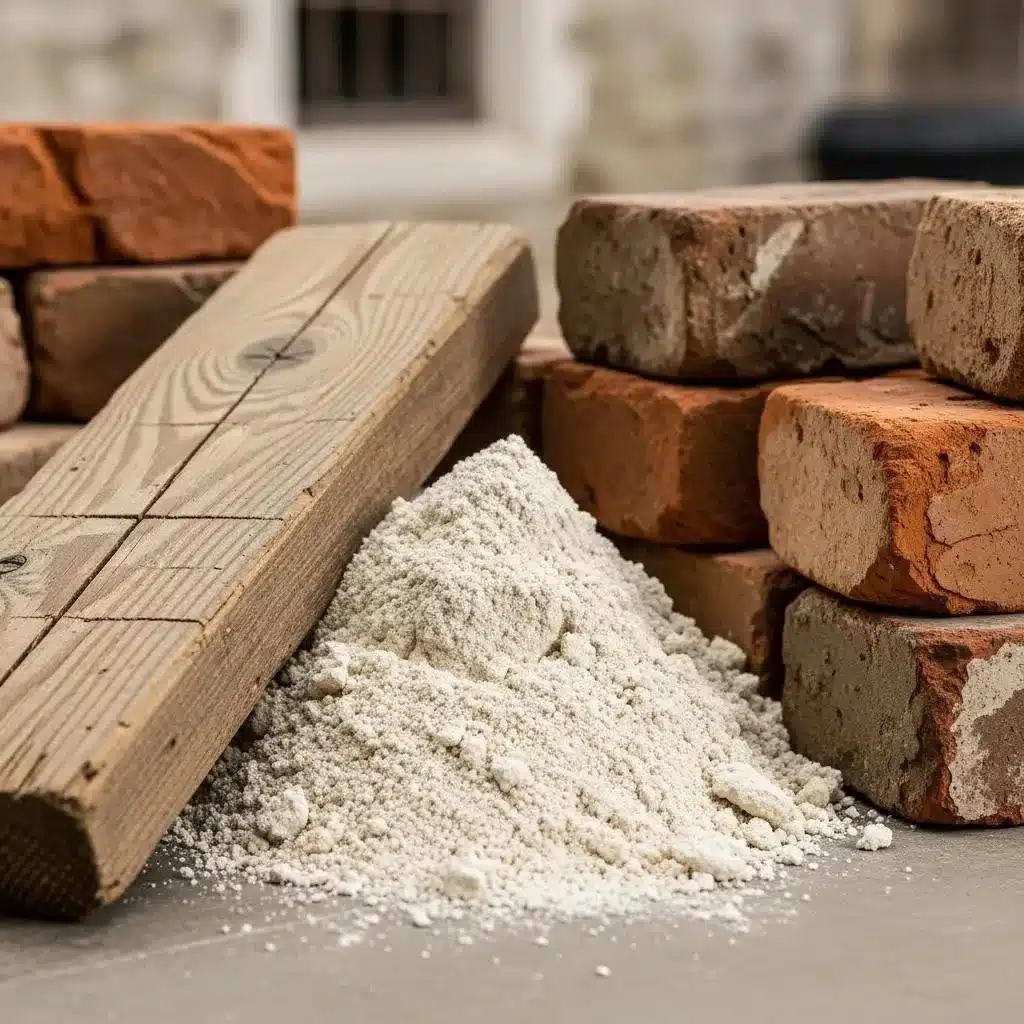 Traditional building materials including lime mortar, timber, and brickwork for restoration
