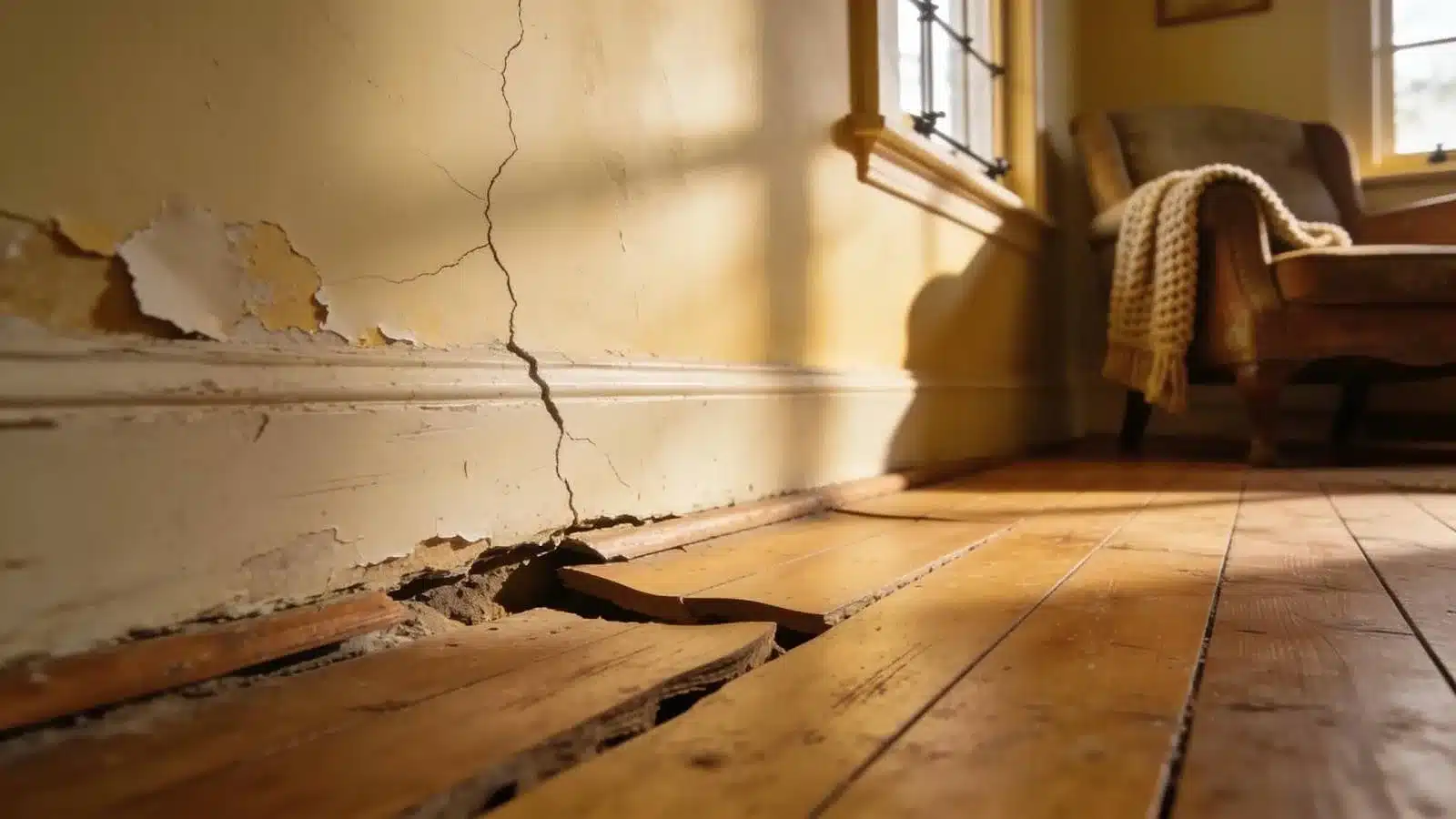 Close up of structural signs indicating subsidence, featuring wall cracks and uneven flooring in a London property.